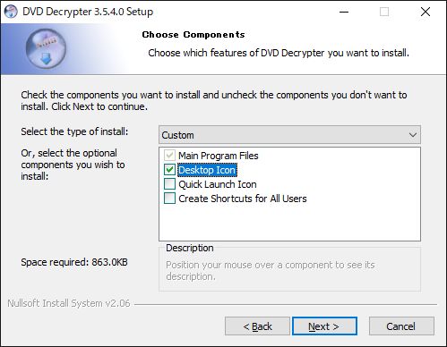 DVD Decrypter windows10インストールコンポーネント選択